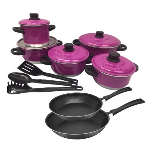 Jogo De Panela Rosa + Frigideira Antiaderente + Talheres