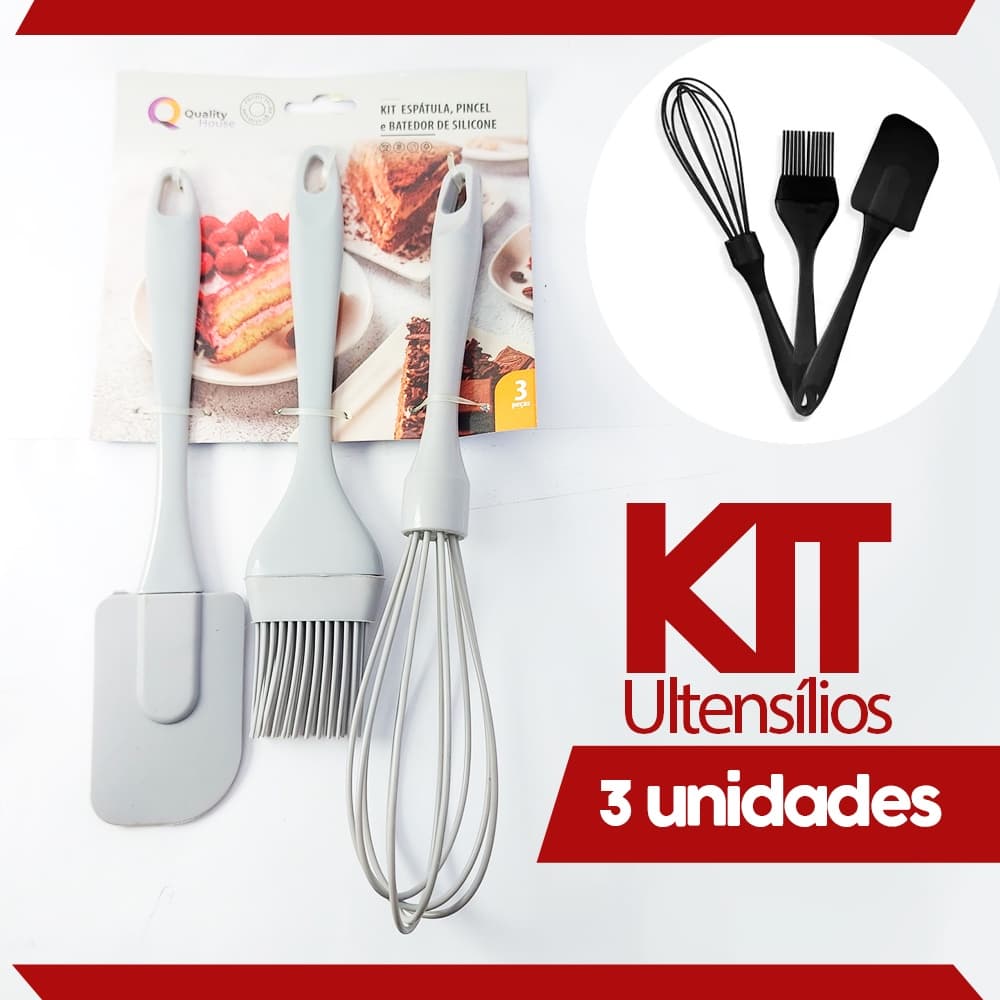 Kit Utensílios  de Cozinha 3 Peças  de Silicone Rspátula, Pincel e Fue
