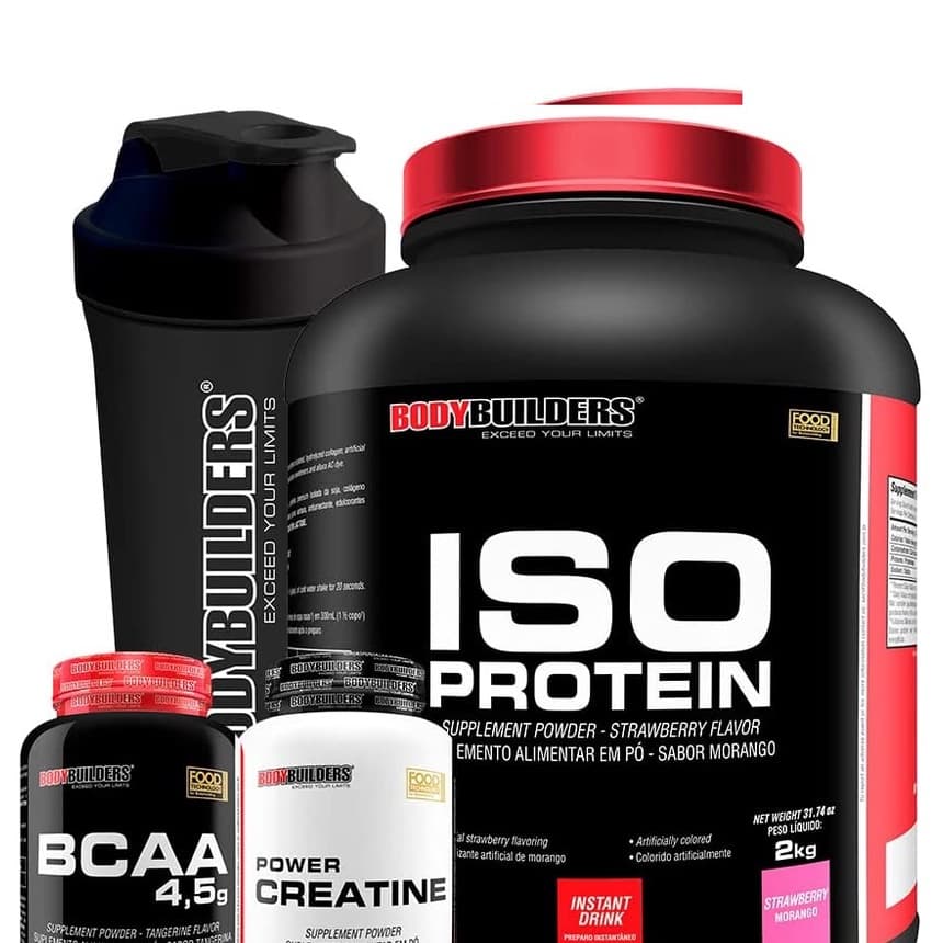 Kit Iso Whey Protein 2kg + Creatina + Bcaa + Coqueteleira - Bodybuilders