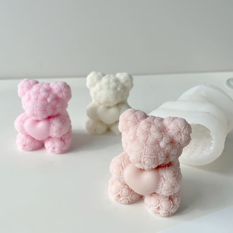 Molde De Velas De Urso De Rosa Do Dia Dos Namorados Amor 3D Kit De Fabricação Silicone Feito À Mão Para Casamento