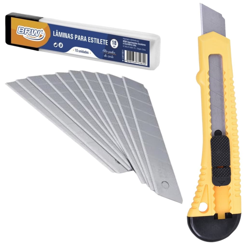 Kit Estilete Profissional Corpo Plástico com Guia e Lâmina em Aço Largo BRW + 10 Lâminas - Estilete 18mm com Trava de Segurança BRW