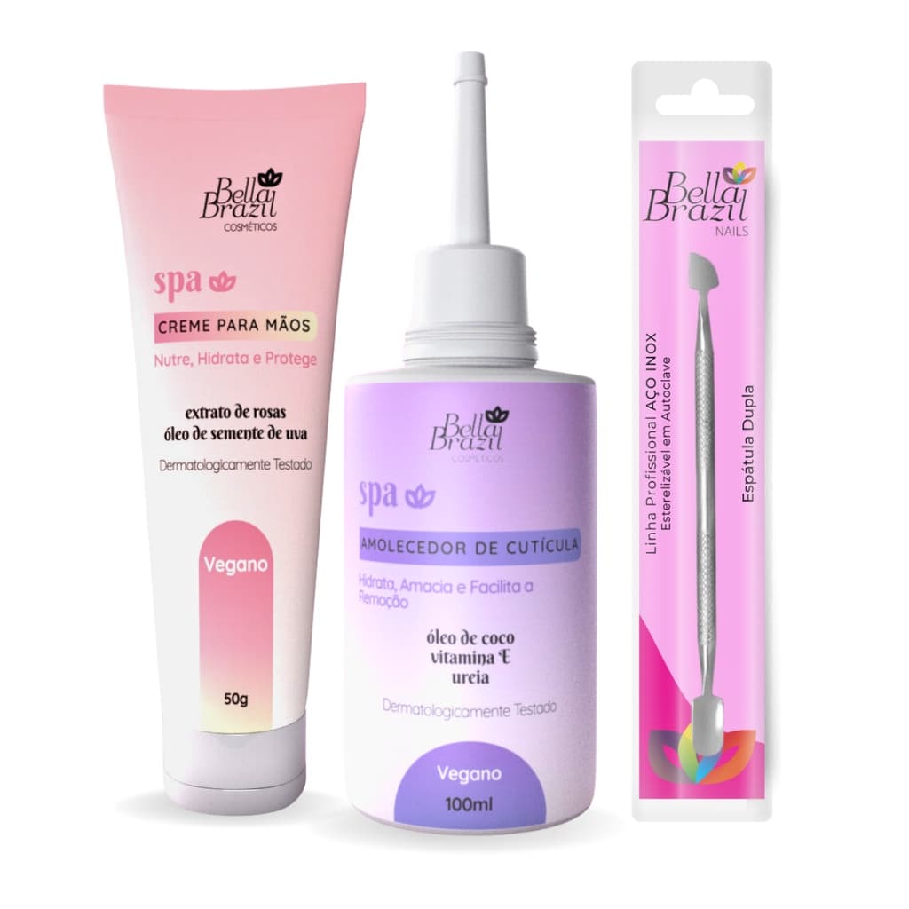 Kit 03 Amolecedor de Cutículas + Creme para Mãos + Espátula ponta Dupla Bella brazil