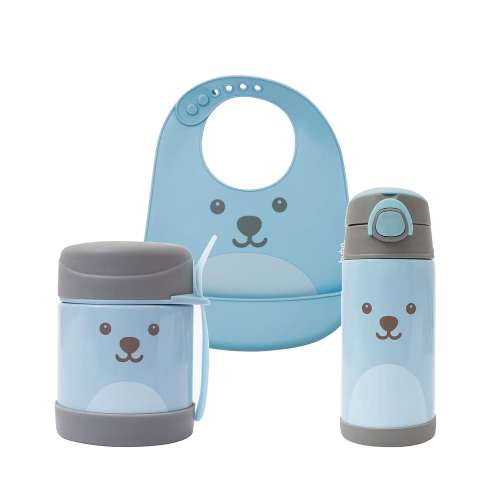 Kit Refeição Infantil com Pote Térmico Garrafa Térmica e Babador de Silicone Gumy Buba