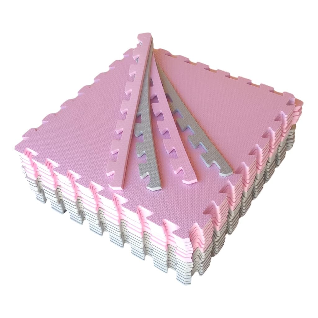 Kit 12 Tatame Tapete EVA Rosa Claro e Cinza 50x50x1cm 10mm Linha Premium com Bordas Acabamento
