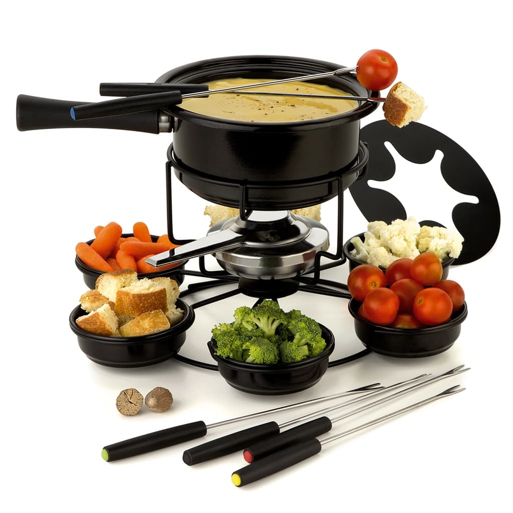 Conjunto Panela Fondue Giratório Carrossel  16 peças Viena Completo Kit Jogo Aparelho de Fundi Carne Queijo e Chocolate