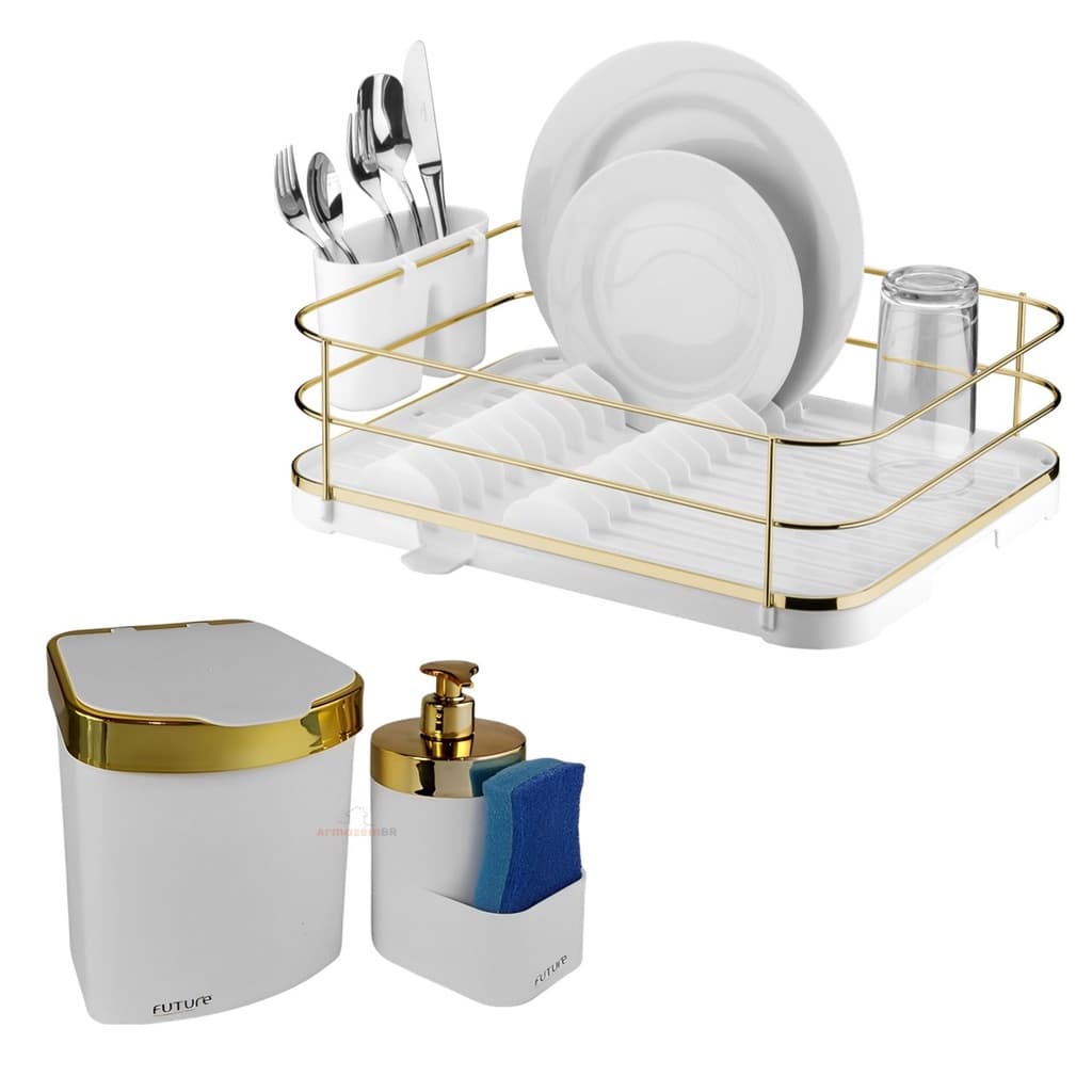 Kit Escorredor De Louça Talheres Lixeira 2,5L Dispenser Porta Detergente Cozinha Branco Dourado - Future