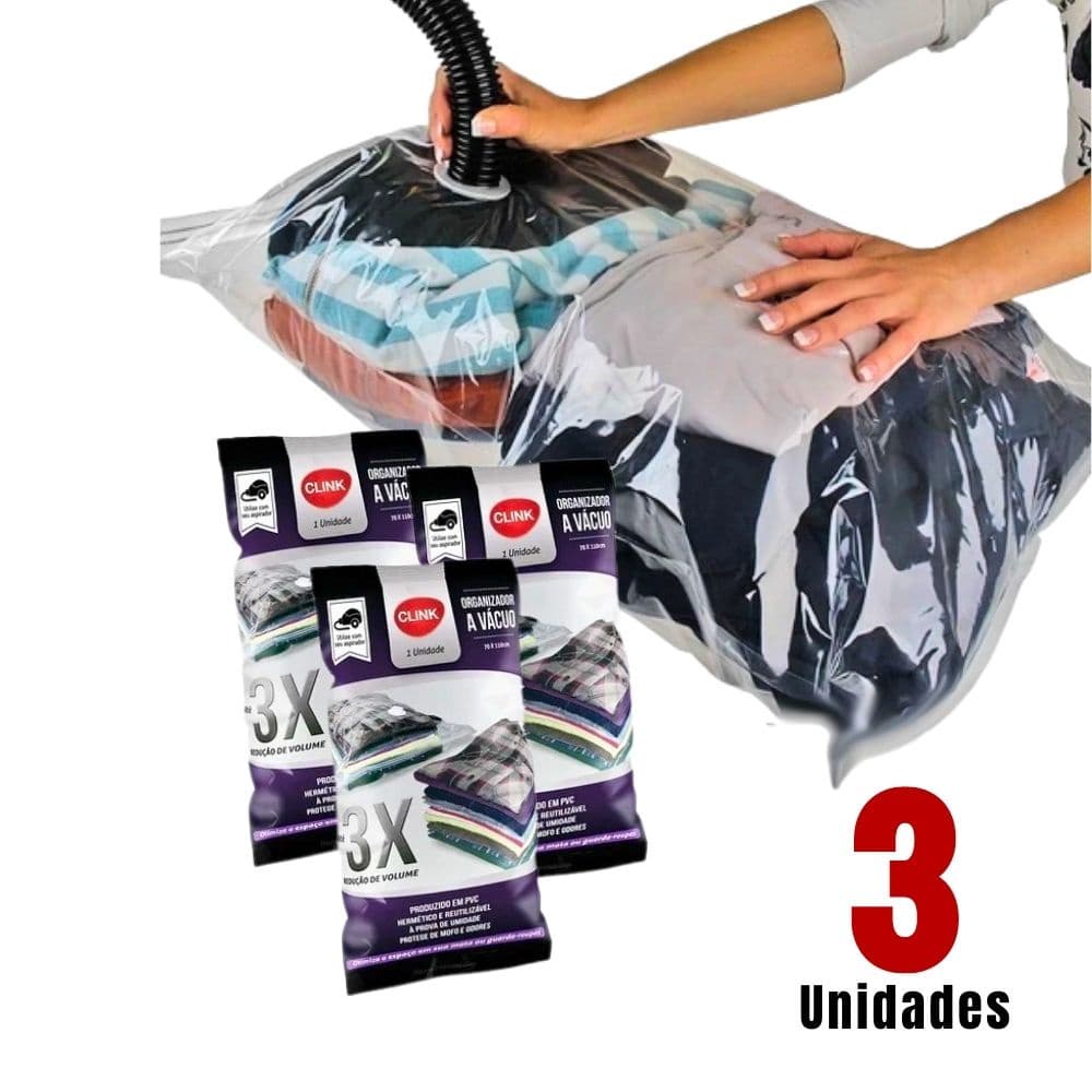 Kit 3 Sacos a Vácuo 50x60cm Organizador para Roupas Mala Cobertor Organização Guarda Roupa