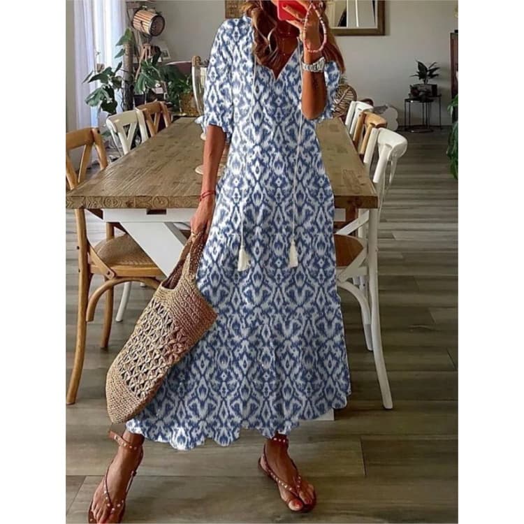 2023 Elegante Boho Floral Print Beach Vestidos Longos Para Moda Feminina RufflesV-neck Short Sleeve Casual Sweet Loose Maxi Vestido