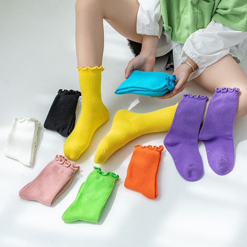Meias de Laço Meninas Meias de Listras de Tubo Médio Meias de Pilha de Cor Sólida de Algodão Puro Roupas de Bebê