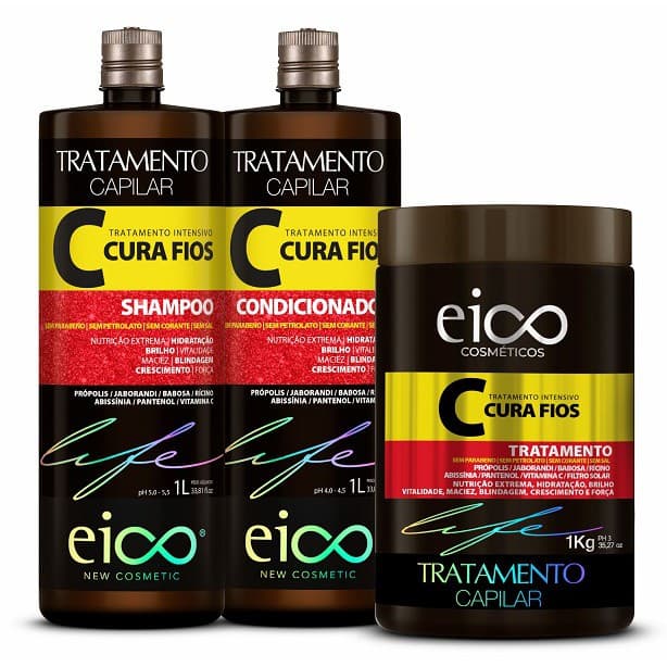 Kit Eico Cura Fios Shampoo 1L e Condicionador 1L Nutrição Fortalecimento Crescimento  vitalidade e Hidratação + Máscara Hidratação Sem Sal 1kg