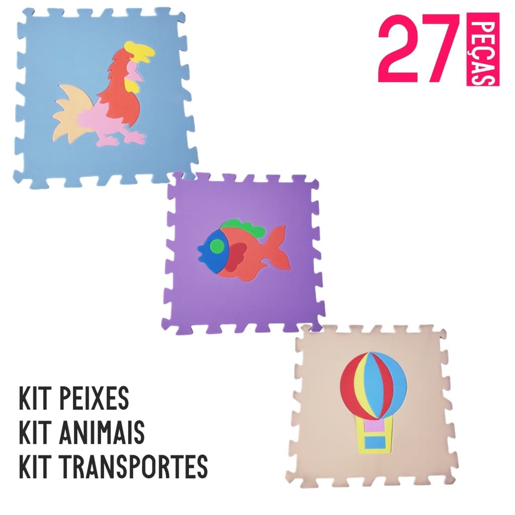 KIT TAPETE EVA 27 PÇS 30X30CM TRANSPORTE - PEIXES - ANIMAIS