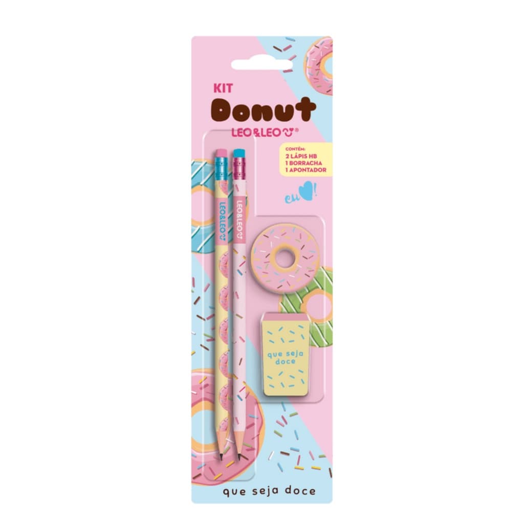 Kit Donut 2 lápis HB + apontador + borracha leo e leo