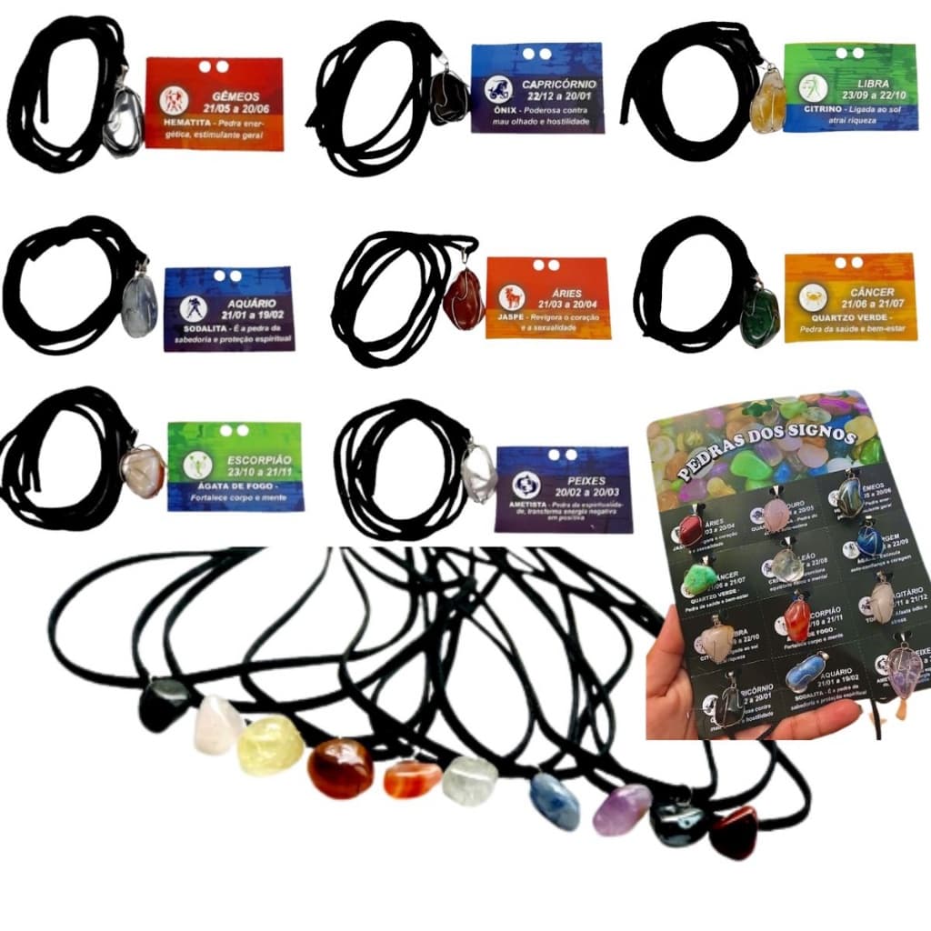 Colar Pedras Naturais 12 Signos Pingente Cristais Signos Zodíaco Pedras Coloridas Cordão Ajustável