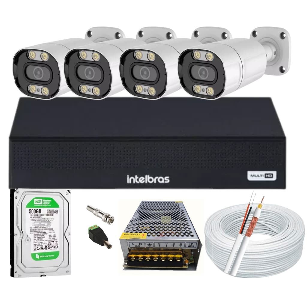 Kit Cftv 4 Cameras Segurança Full Color 1080p 2mp Dvr Intelbras 500GB