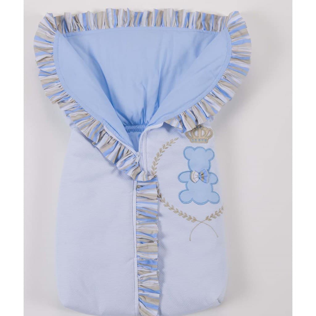 Porta Bebe Azul Ursinho Realeza Saquinho Bebe Listrado Azul - Saco para bebe Dormir o Bordado Ursinho Rei Imperial