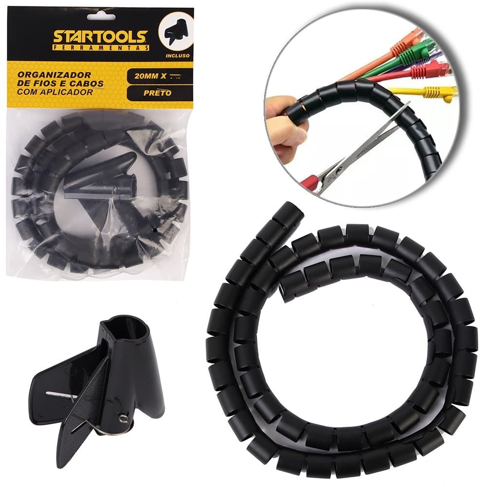 ORGANIZADOR DE FIOS e CABOS DE PLASTICO AJUSTAVEL COM APLICADOR PRETO 20MM X 2M