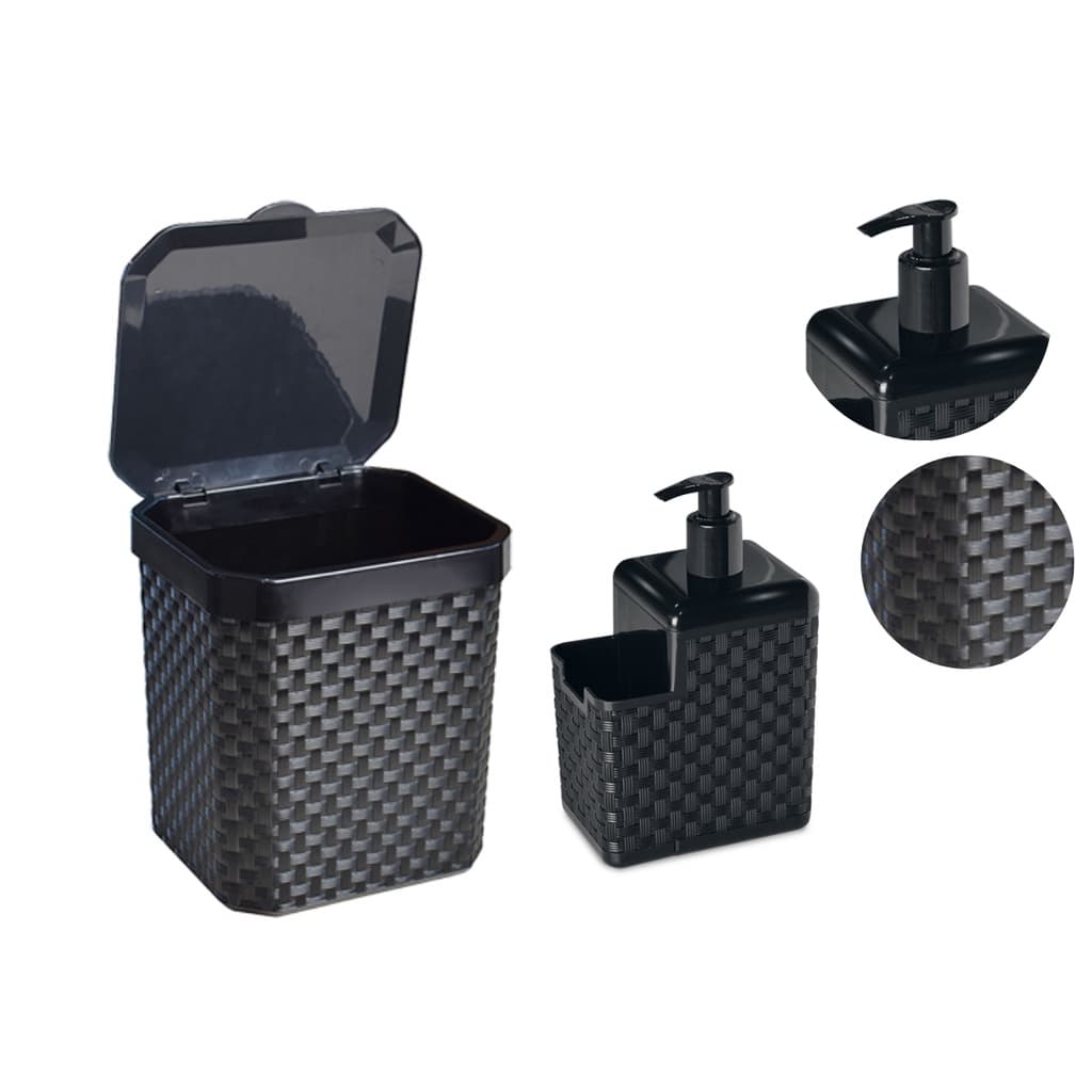 Kit Lixeira Rattan 5L + Dispenser Detergente Suporte Esponja