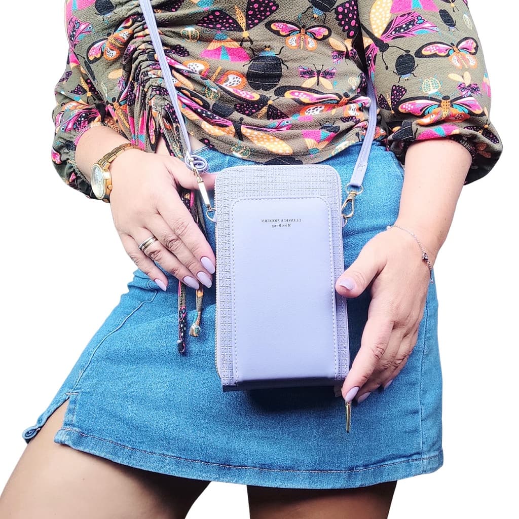Bolsa feminina transversal carteira tiracolo porta celular visor touch