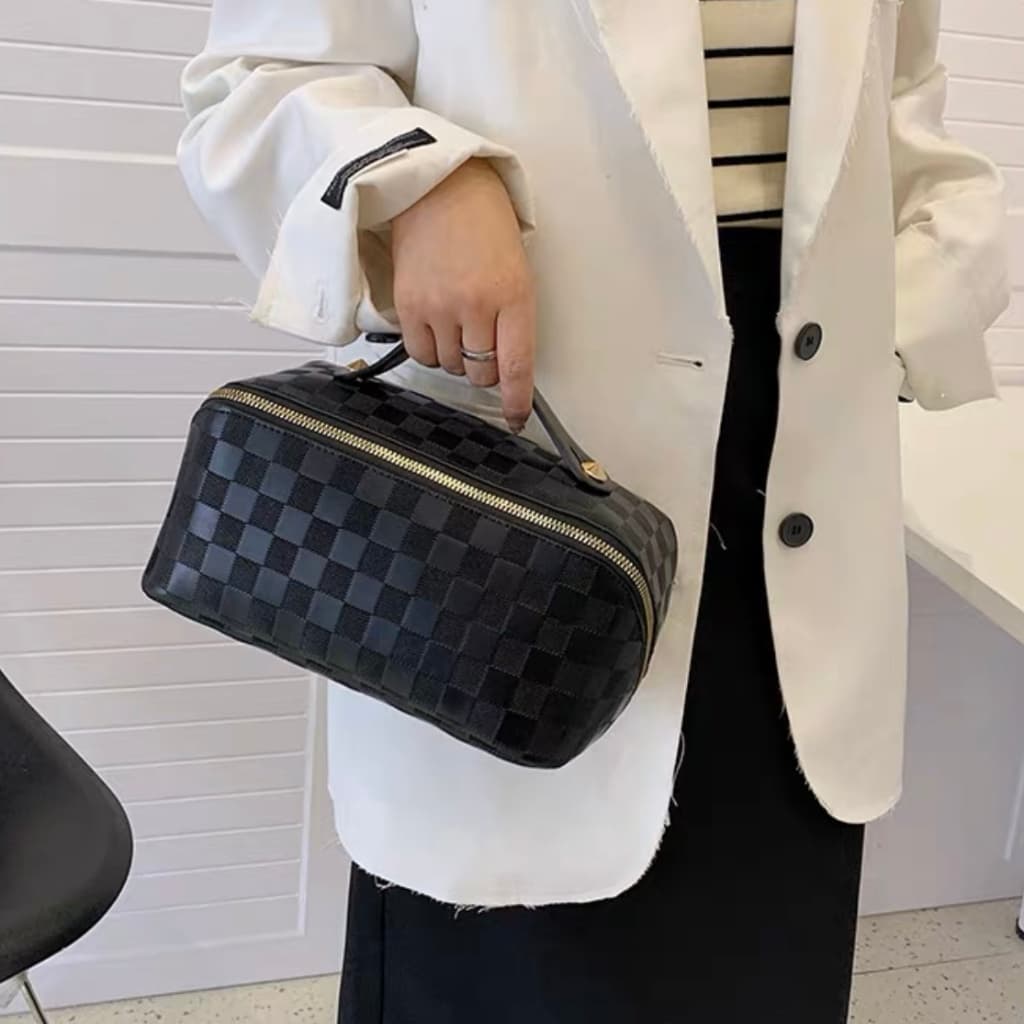 Saco Cosmético De Couro PU Feminino De Grande Capacidade Portátil Viagem Cosméticos Com Estampa Xadrez