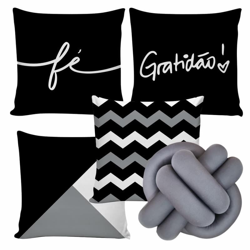 Kit 4 Capas de Almofadas Decorativa Fé e Gratidão e Almofada de Nó Enchimento Fibra Siliconada