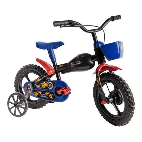 Bicicleta Infantil Styll Baby Moto Bike Aro 12 Cor Preto/azul/vermelho Com Rodas De Treinamento