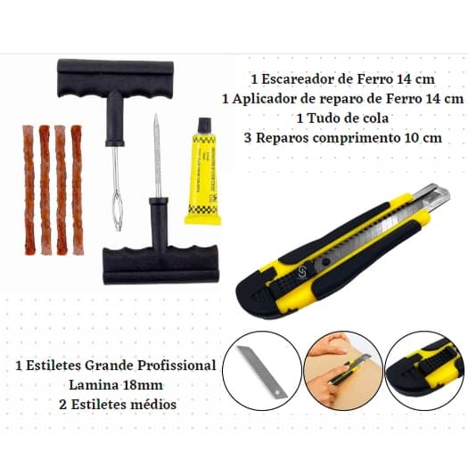 Kit Conserto Reparo De Pneus Completo + 3 Estilete de corte com trava lâmina