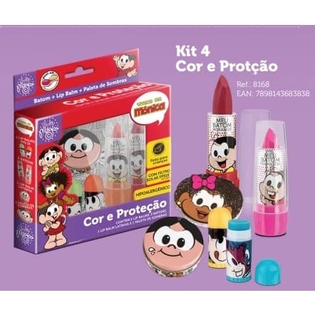 Kit Cor e Proteção Turma da Mônica Batom Lip Balm Paleta de Sombras Hipoalergênico