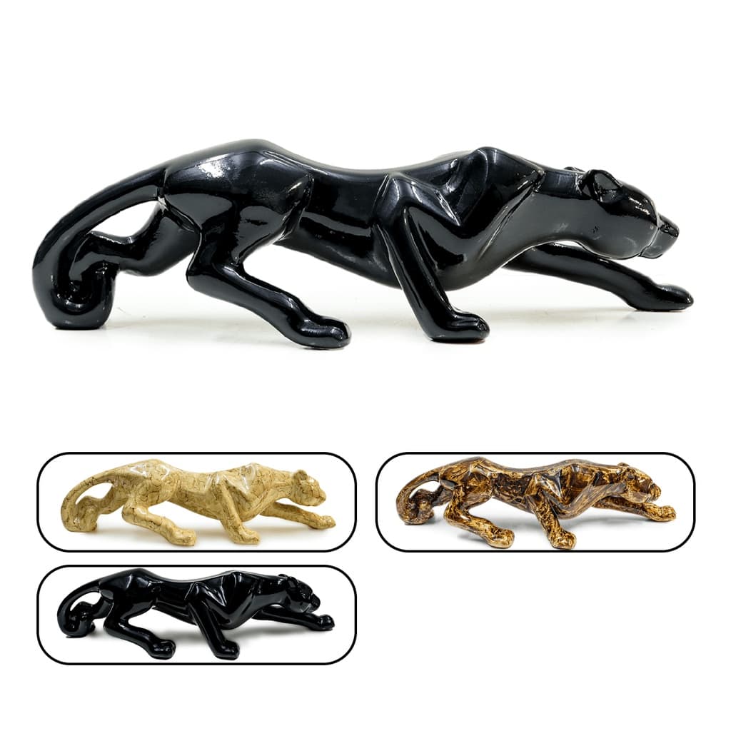 Escultura Pantera Negra De Cerâmica Para Decoração Sala Casa Estátua Enfeite Grande Estante Escritório Mesa Luxo 61x17cm
