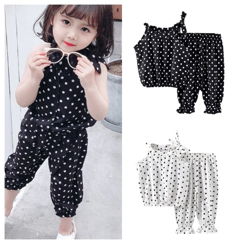 2 Pçs Conjuntos De Roupas Do Bebê Meninas Verão Sem Mangas Bolinhas Crianças Chiffon Camisas + Calças Ternos Casuais