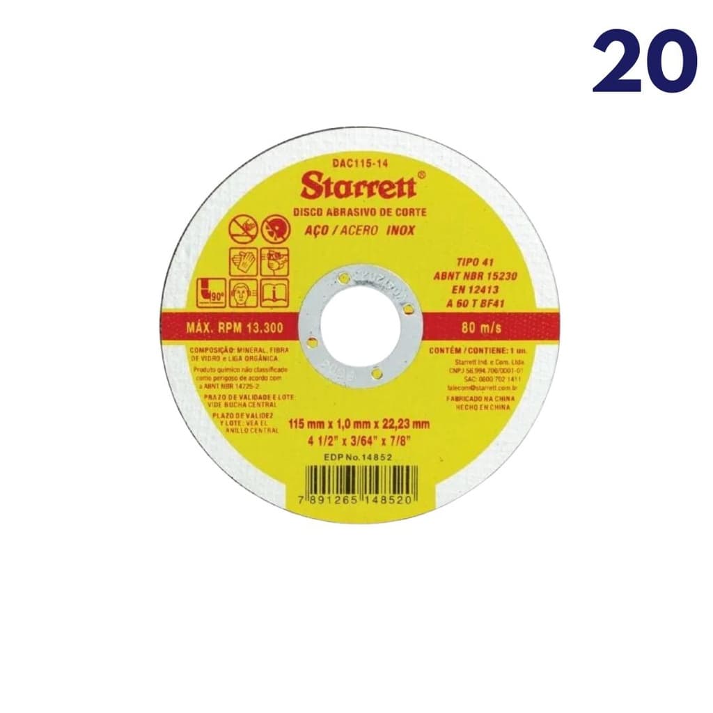 KIT C/ 20 DISCO DE CORTE STARRETT ABRASIVO 115mm aço inox DAC115-14