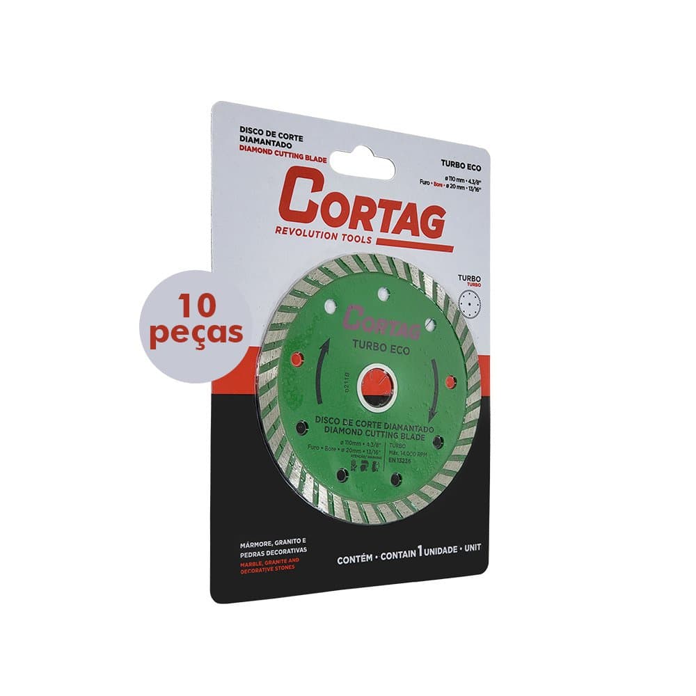 Kit Disco Corte Diamantado 4.3/8'' 110mm Furo 20mm Turbo Eco Cortag Com 10 Peças