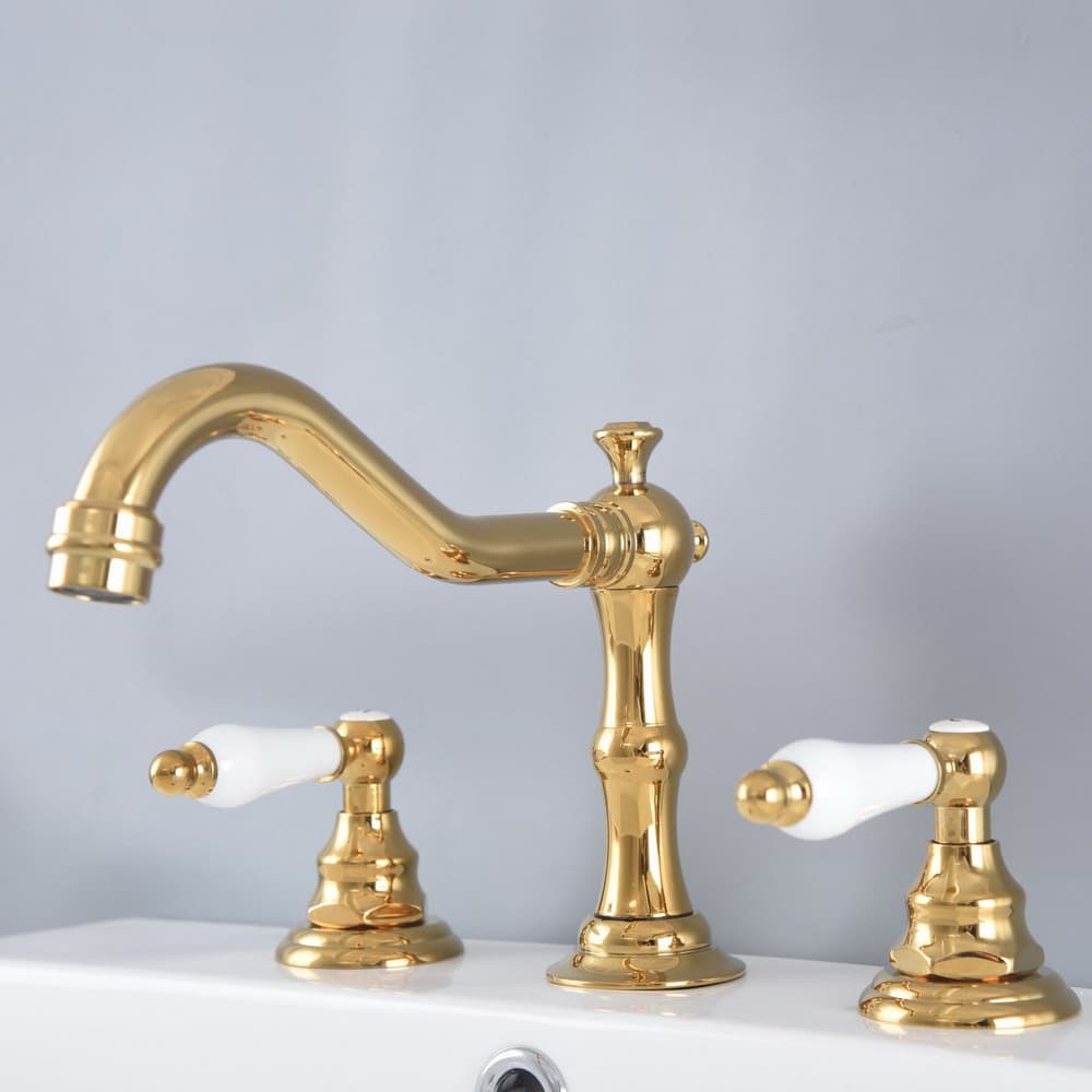 Luxo Ouro Latão Torneira Da Bacia Deck Montado Widespread Do Banheiro 3 Furos Alça Dupla Lavatório Pia Misturadora znf98