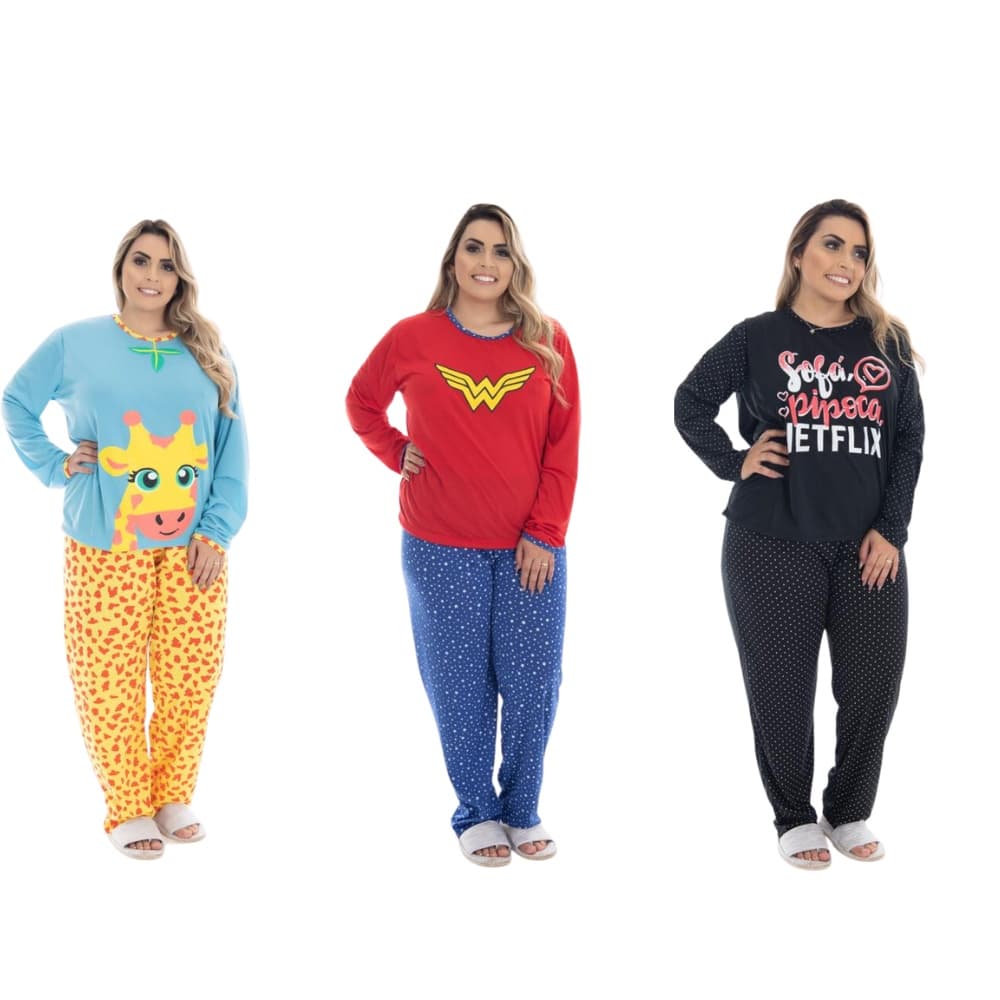 Kit 3 Pijamas De Frio Feminino  Longo Plus Size Estampado