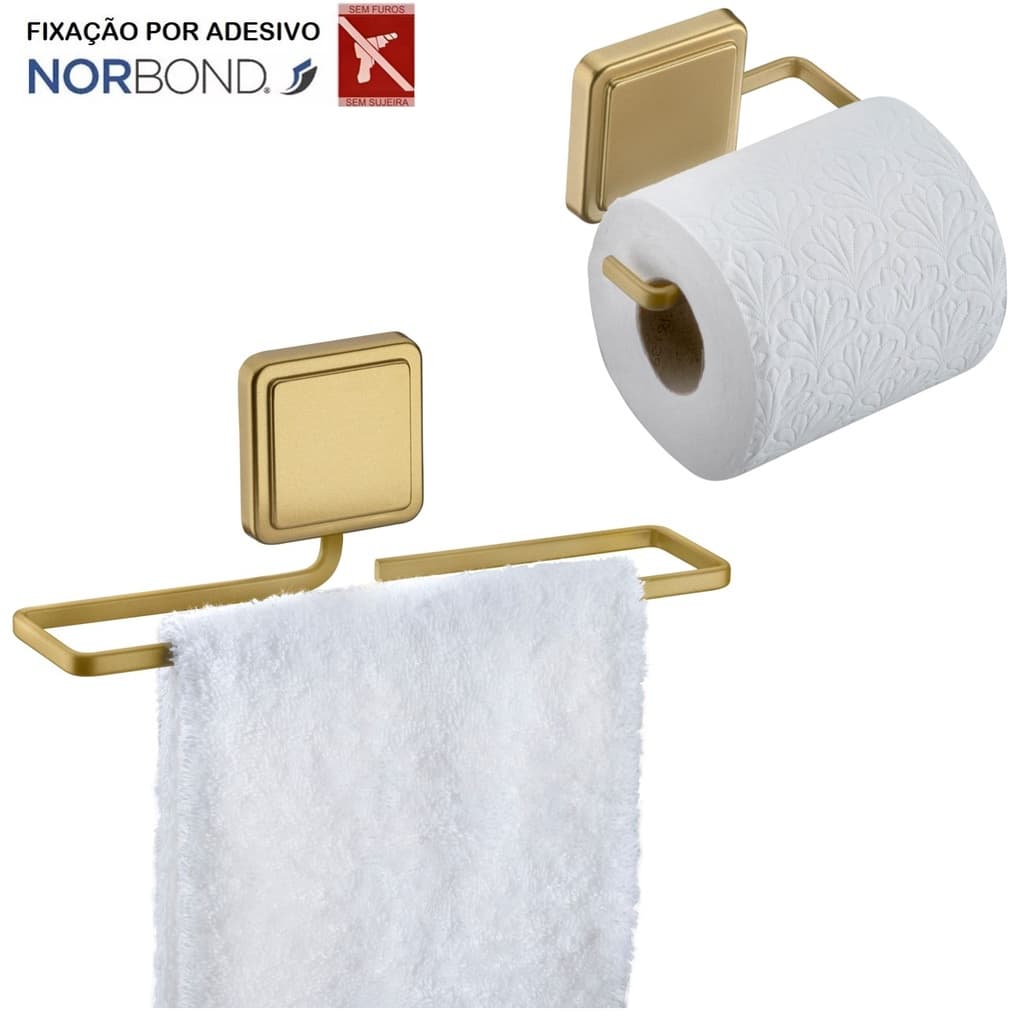 Kit Toalheiro Rosto Porta Toalha Suporte Papel Higiênico Banheiro Adesivo Dupla Face Dourado - Future