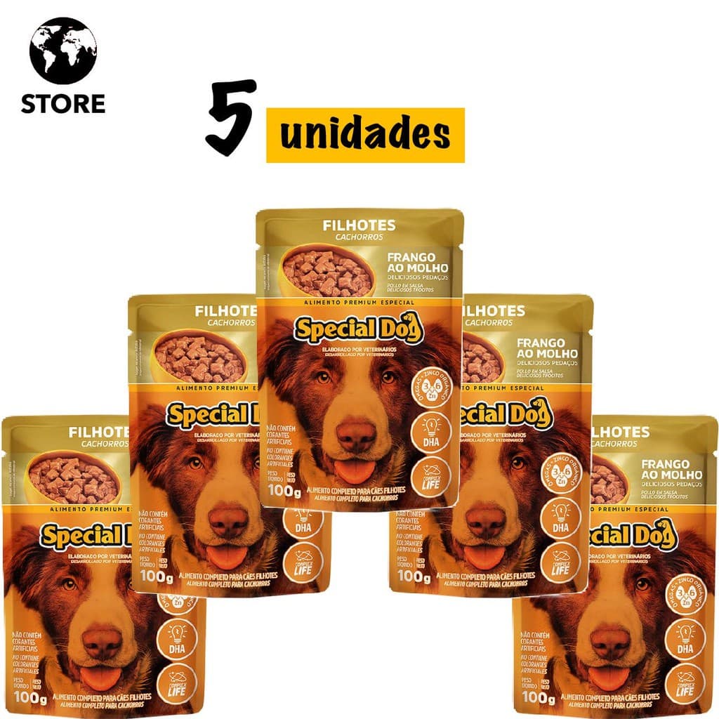 5 unidades Ração Úmida Special Dog Sachê Frango para Cães Filhotes 100g