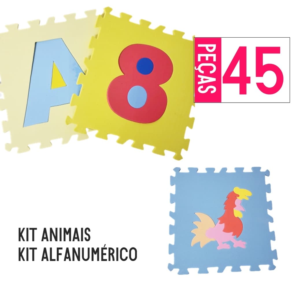 KIT TAPETE EVA ALFANUMÉRICO 36 PÇS + ANIMAIS 9 PÇS 30X30CM