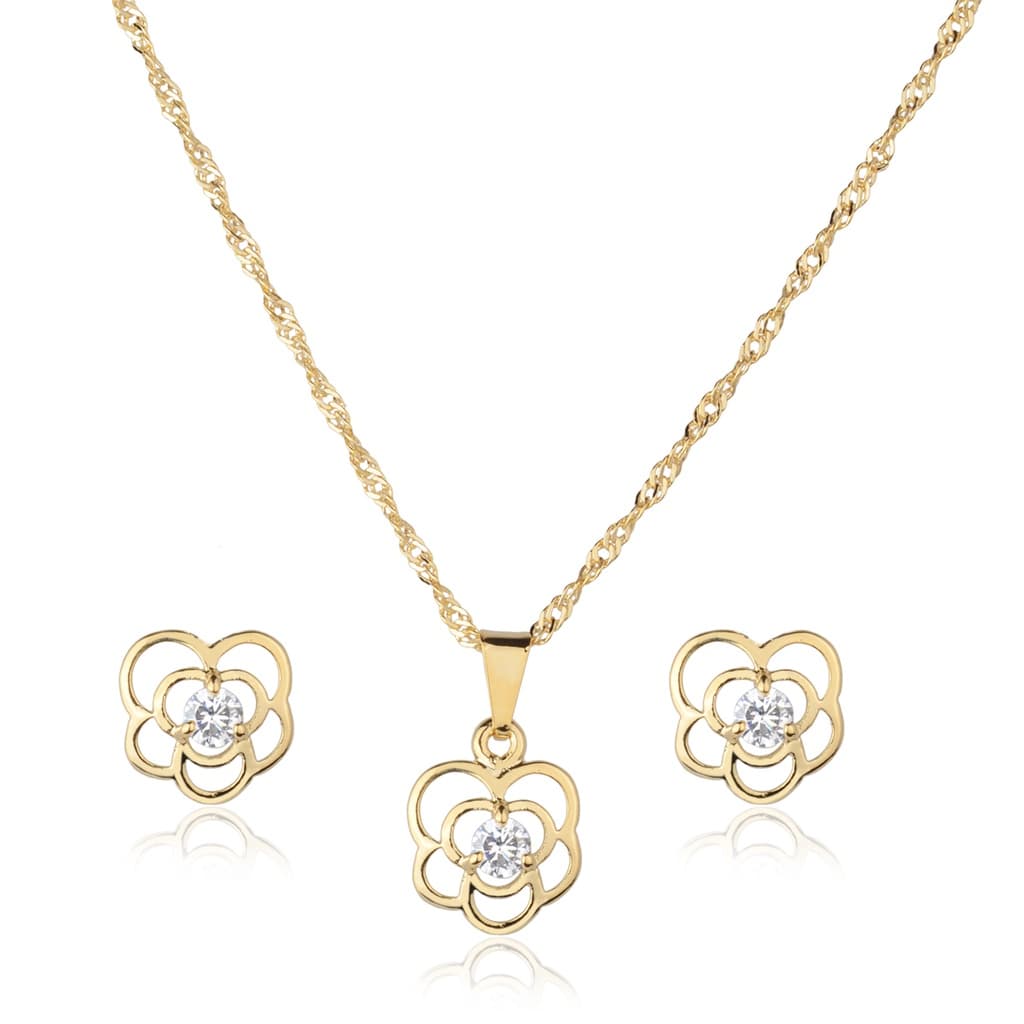 Conjunto Colar e  Brinco Semijoia Flor Vazada Com Zircônia Banhado a Ouro 18K CJ21 Conjunto Colar E Brinco