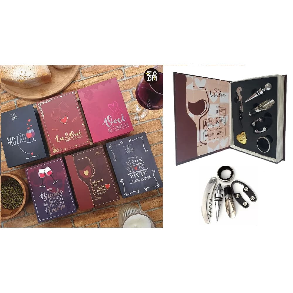 Kit Vinho com 5 Peças Canivete Saca Rolhas + Anel de Gargalo Salva Gotas + Tampa Dosadora + Tampa de Bico + Corta Lacre