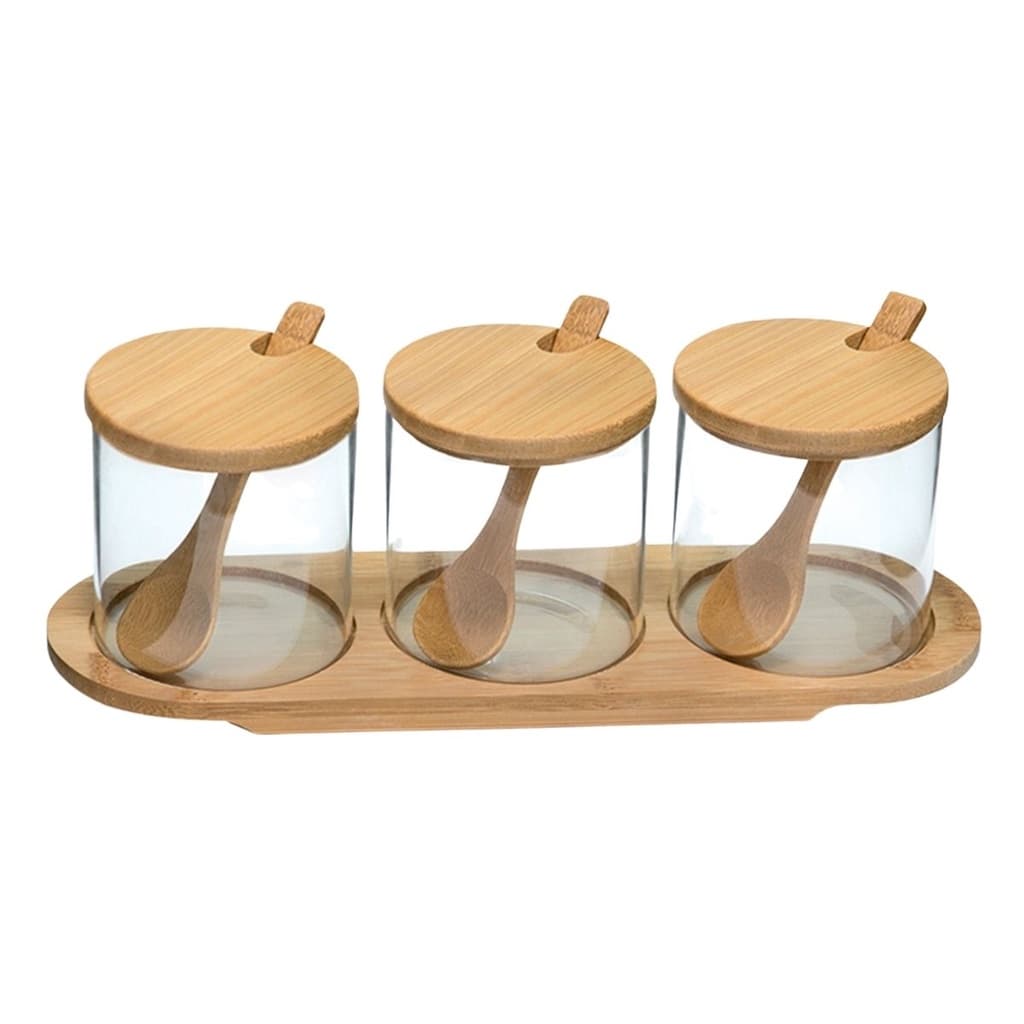 Porta Tempero Condimentos Kit 3 Potes De Vidro 300ml Com Tampa De Bambu Suporte Guardar Mantimentos Grãos Organizador