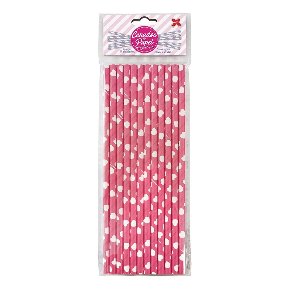 Canudo de Papel Rosa Pink com Coração Branco 6mmx200mm - 4364 - 12 unidades