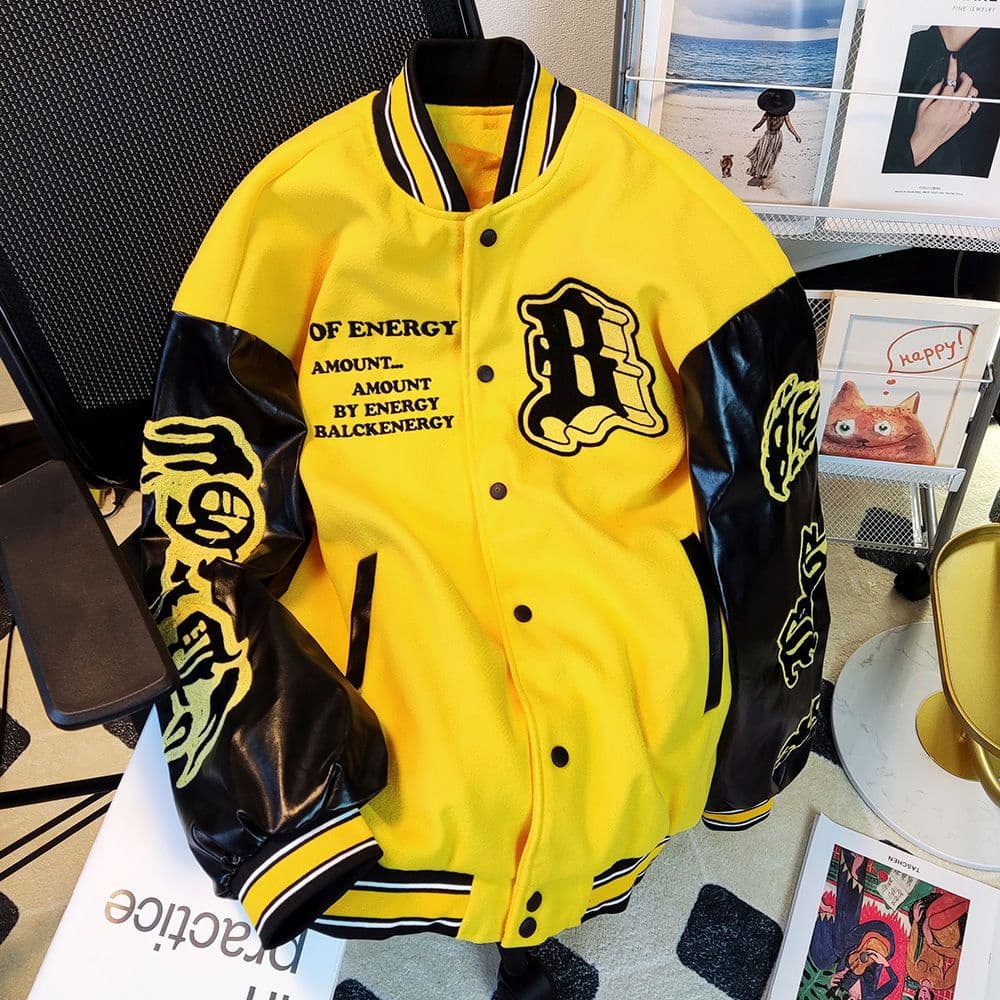 Jaqueta De Baseball Vintage Moda Bordado Em Manga De Couro Solto