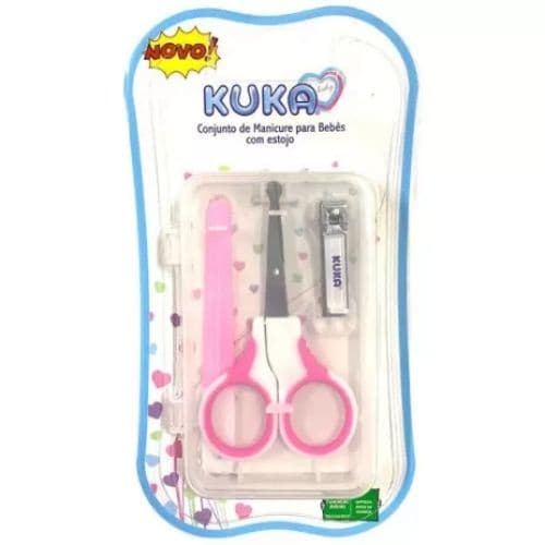 Kit Manicure Bebê Kuka Rosa com Estojo - Tesoura, Cortador e Lixa