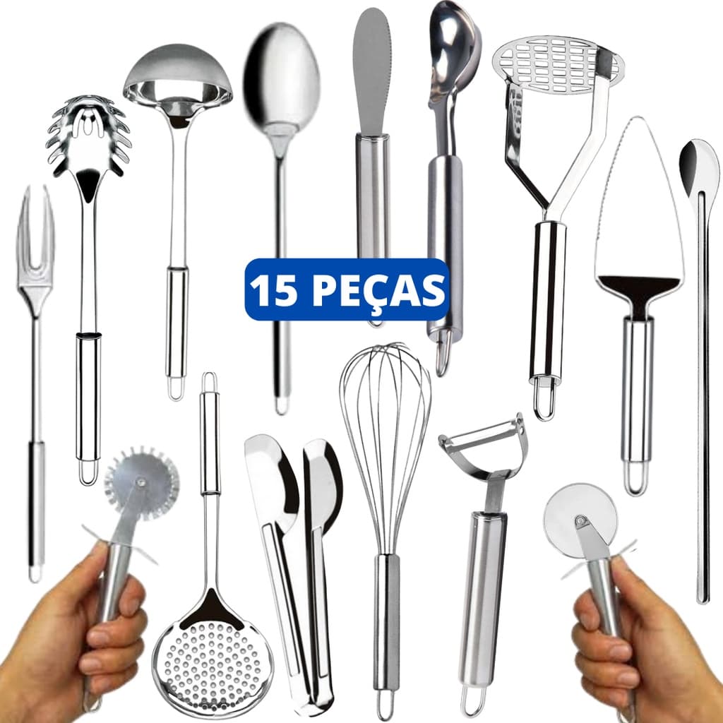 Kit 15 Talheres Utensílios Aço Inox Multiuso Linha Premium Pegadores Colheres Descascadores
