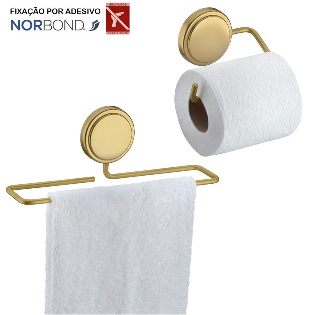 Kit Toalheiro Rosto Porta Toalha Suporte Papel Higiênico Adesivo Dupla Face Banheiro Dourado Future