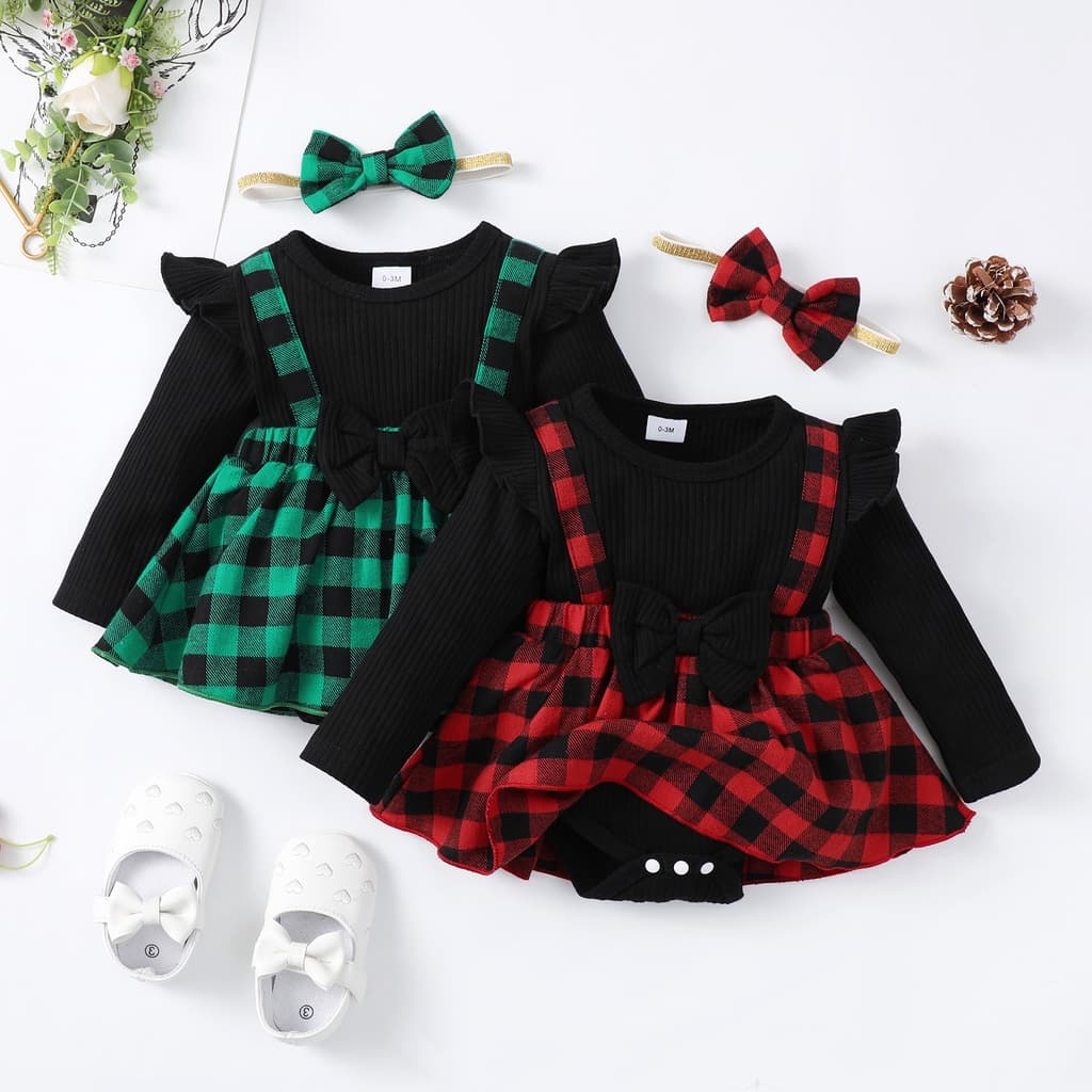 0-18Meses Recém-Nascido Bebê Menina Manga Longa Xadrez Macacão Vestido Festa De Aniversário Crianças Outono Inverno 2Pcs