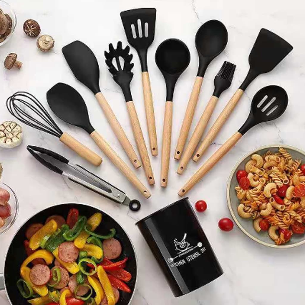Jogo Kit 12 Peças Utensílios De Cozinha De Silicone Cabo Madeira Decoração Livre BPA