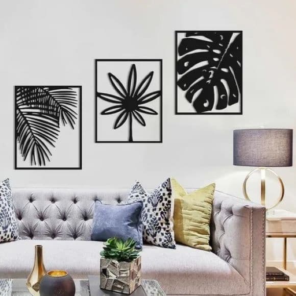 Kit 3 Quadros Decorativos Folhas MDF Vazado Preto