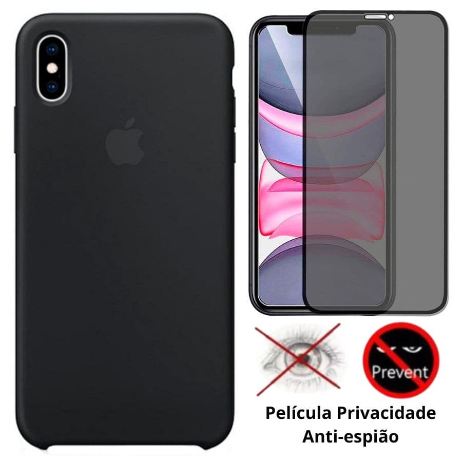 Para iPhone X XS Kit Capa Silicone Aveludada + Película Privacidade 3D 5D
