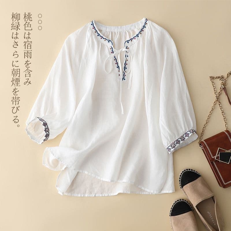 M-3XL 2023 novo Original algodão linho bordado com decote em V camisa de manga de três quartos feminina confortável cami