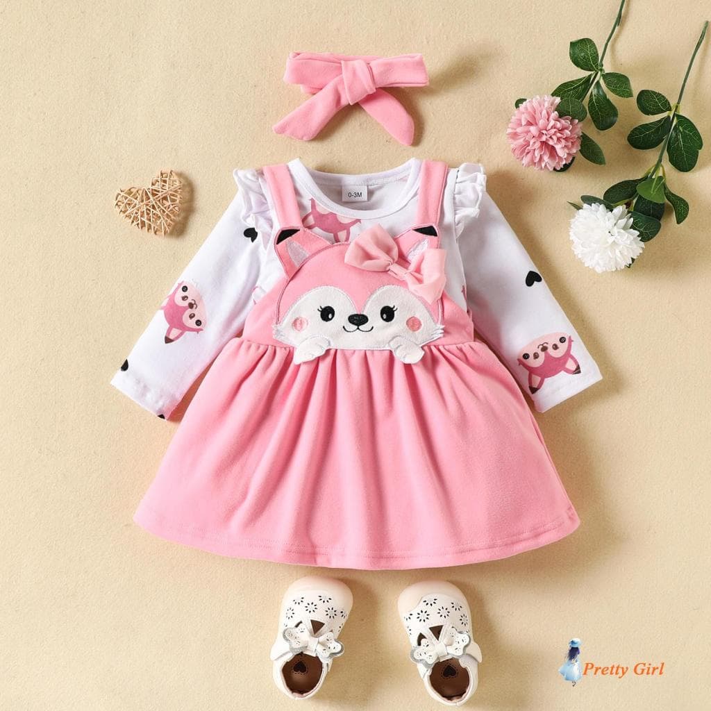 Mellifluous-Baby Girls Autumn Long Sleeve Ruffle Romper E Fox Print Suspender Conjuntos De Saia De Cabeça